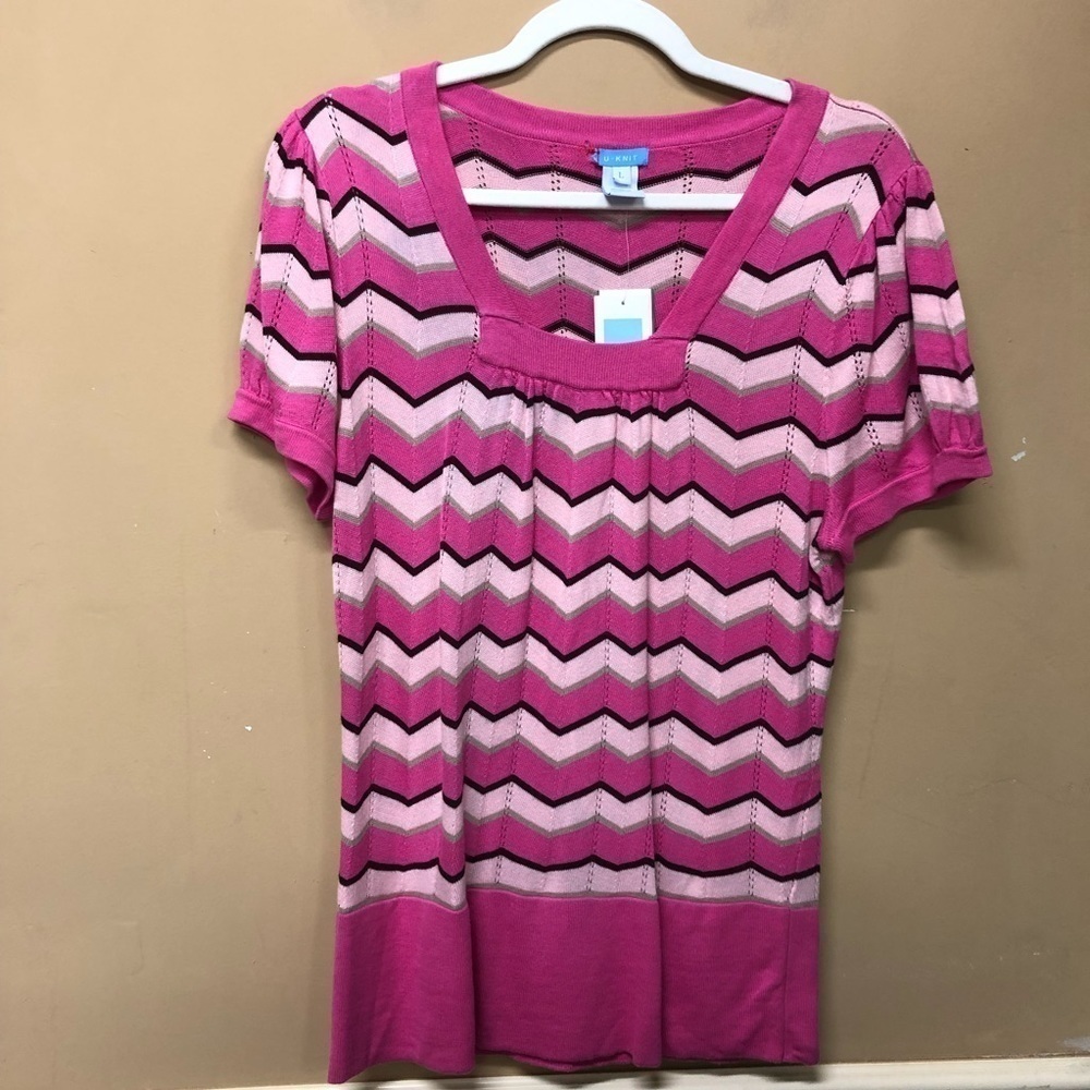U Knit Pink Striped Short Sleeve Sweater Size Large NWT